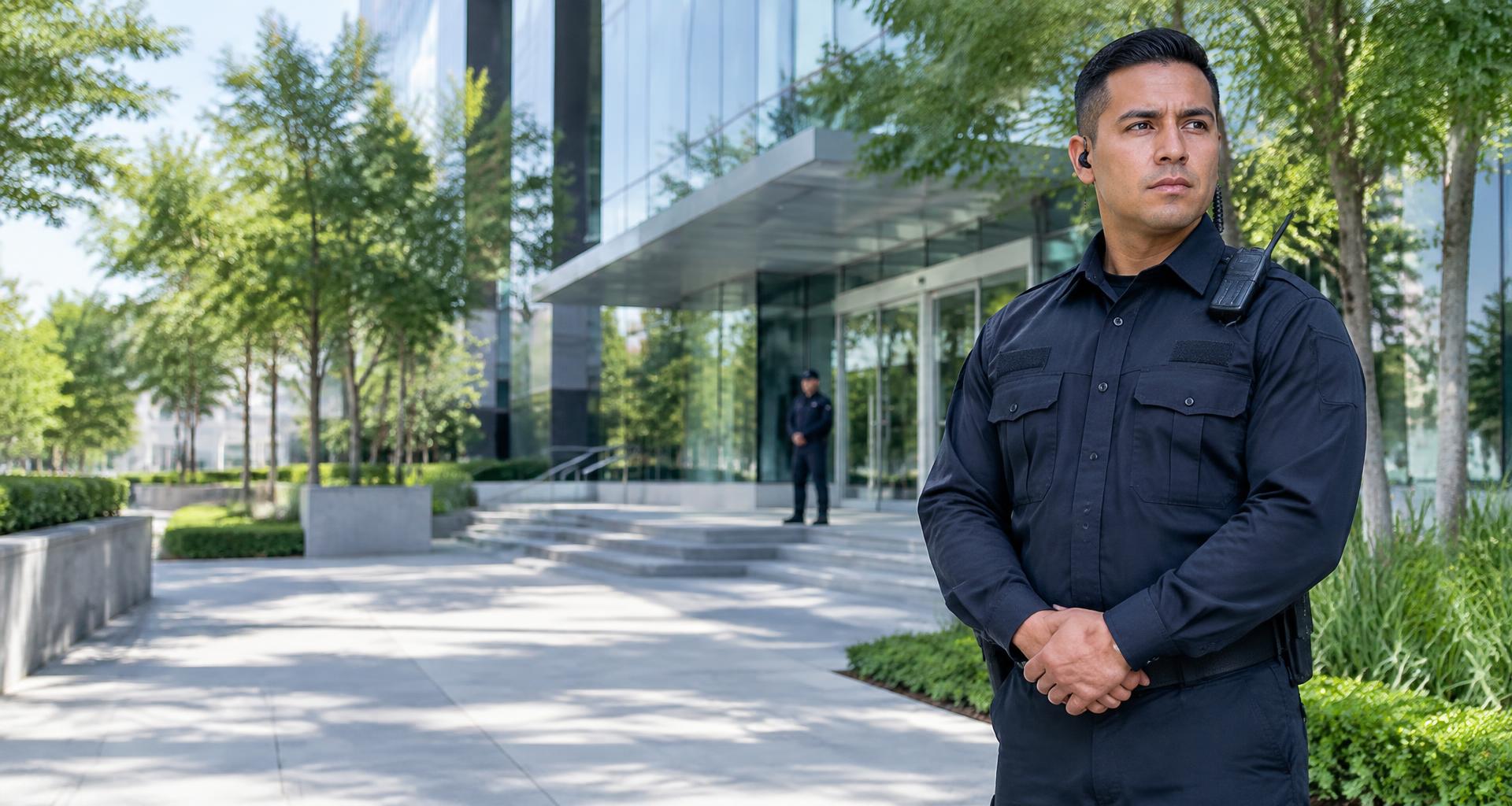 Imagen ilustrativa de un guardia de seguridad frente a instalaciones corporativas